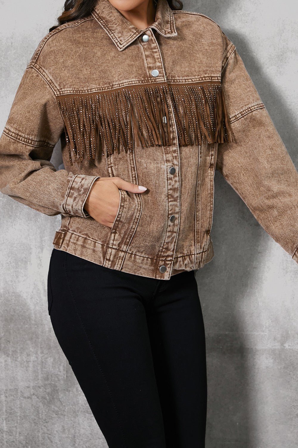 Fringe Trim Snap Down Denim Jacket - OMG! Rose