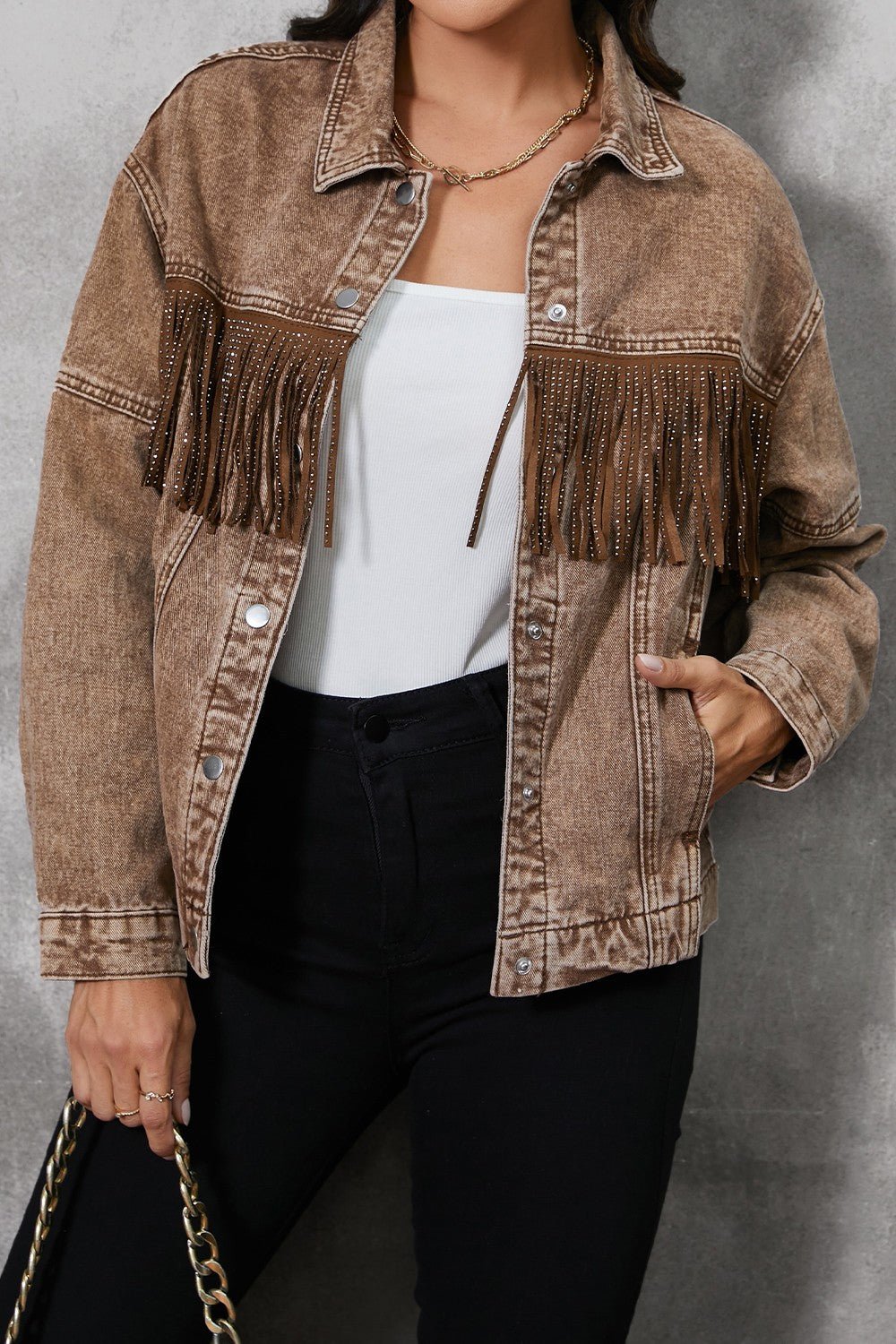 Fringe Trim Snap Down Denim Jacket - OMG! Rose