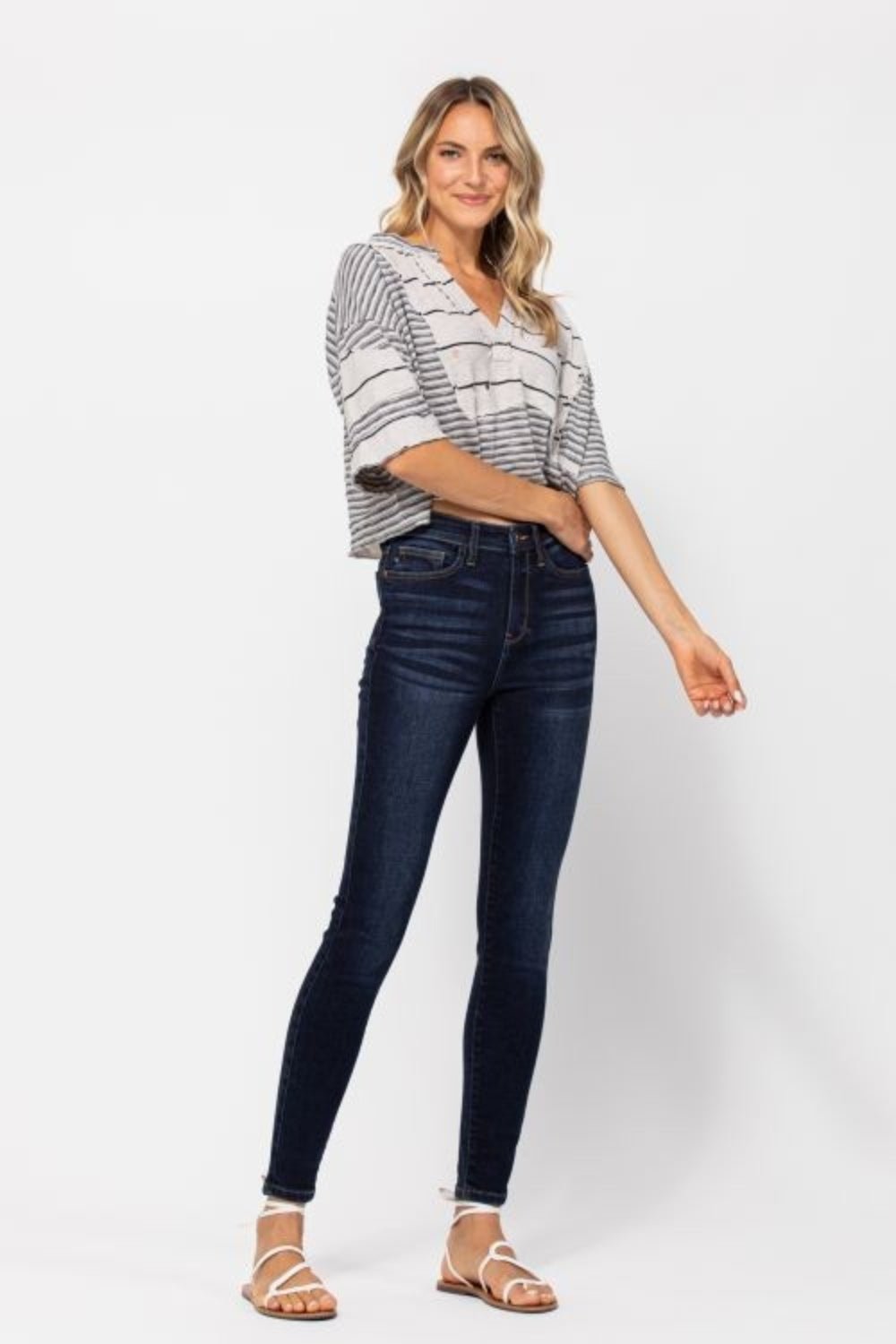 Full Size High Waist Handsand Skinny Jeans - OMG! Rose