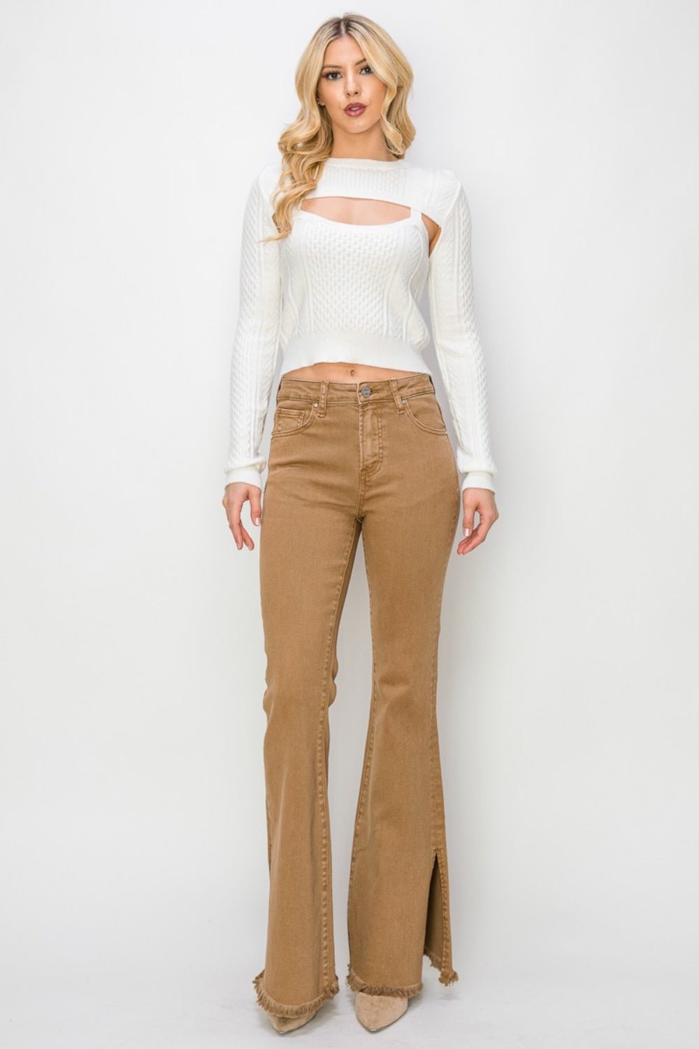 Full Size High Waist Side Slit Flare Jeans - OMG! Rose