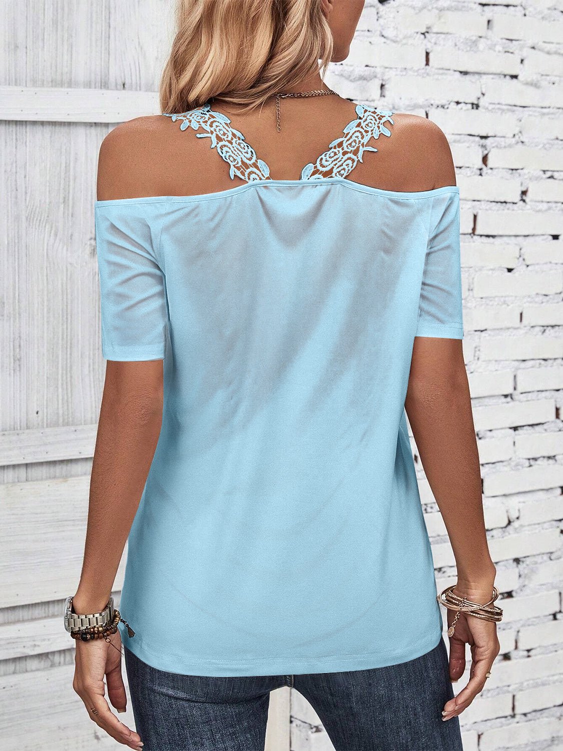 Full Size Lace Detail Short Sleeve T - Shirt - OMG! Rose