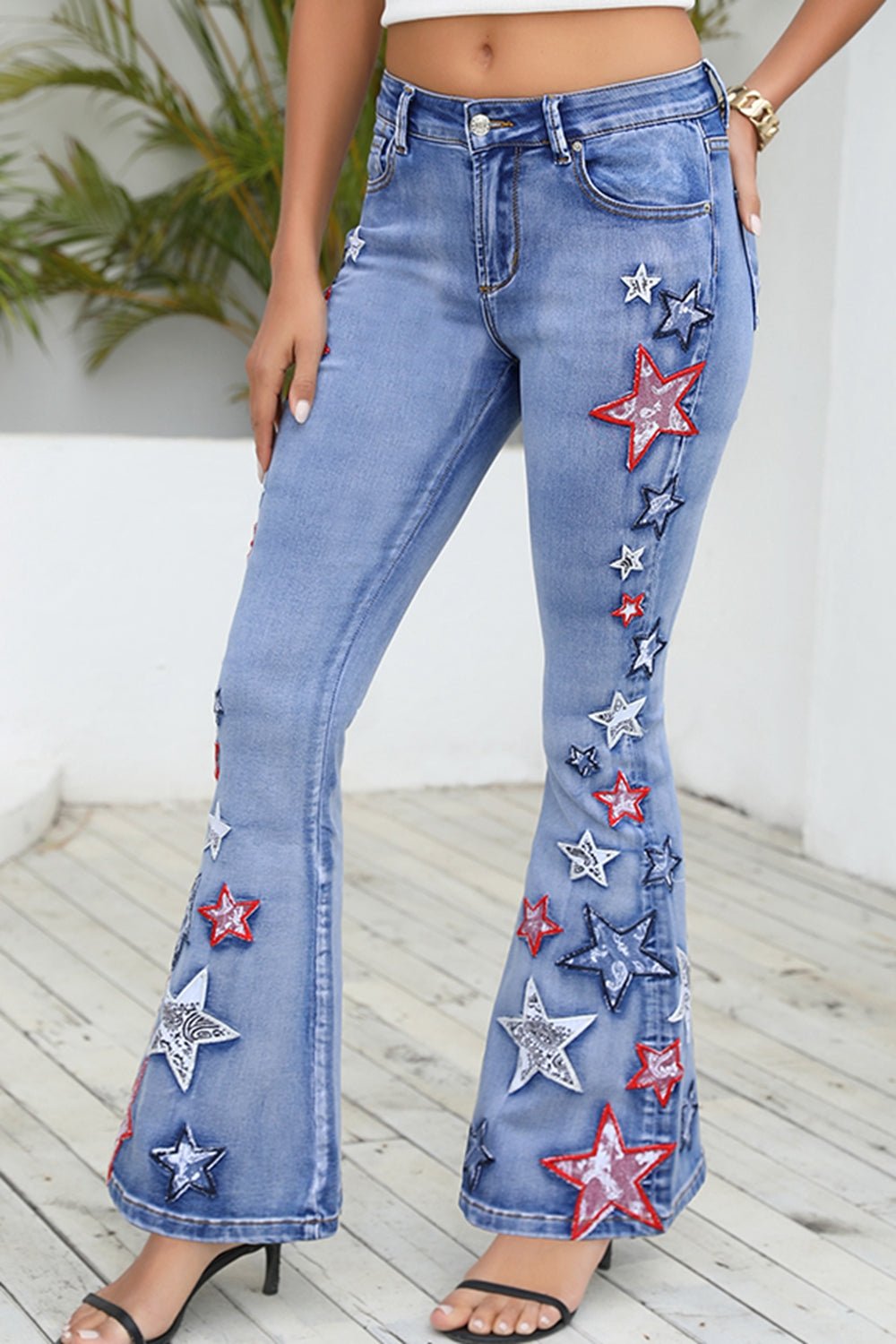Full Size Star Applique Wide Leg Jeans - OMG! Rose