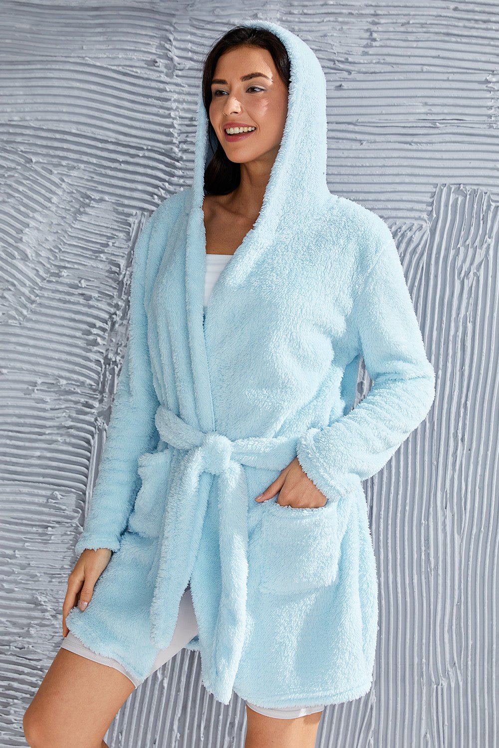Fuzzy Tied Pocketed Hooded Lounge Nightgown - OMG! Rose