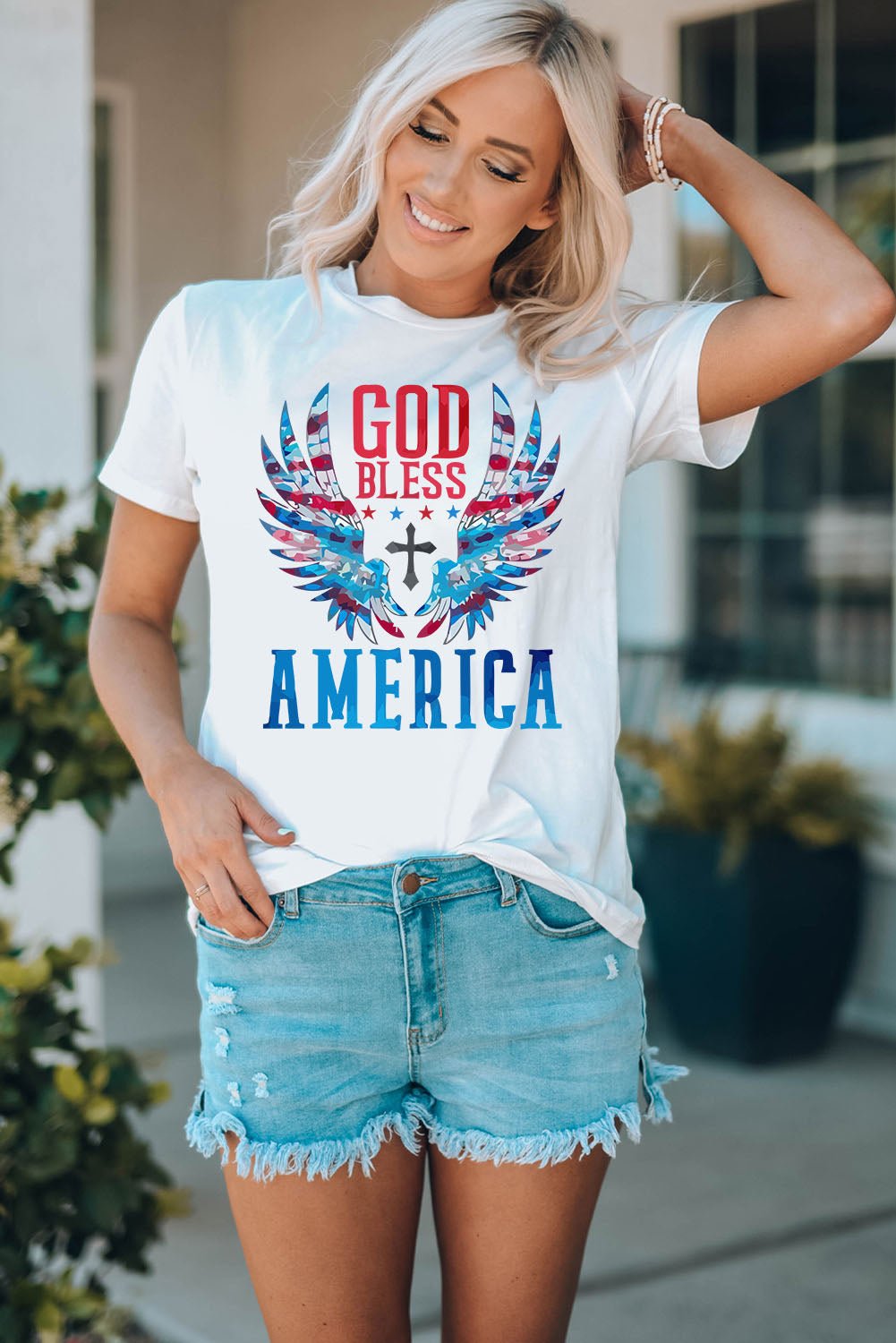 GOD BLESS AMERICA Cuffed Tee Shirt - OMG! Rose