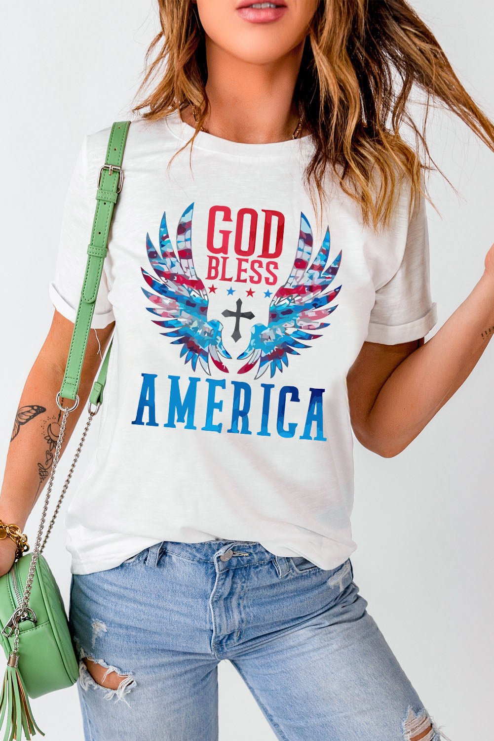 GOD BLESS AMERICA Cuffed Tee Shirt - OMG! Rose