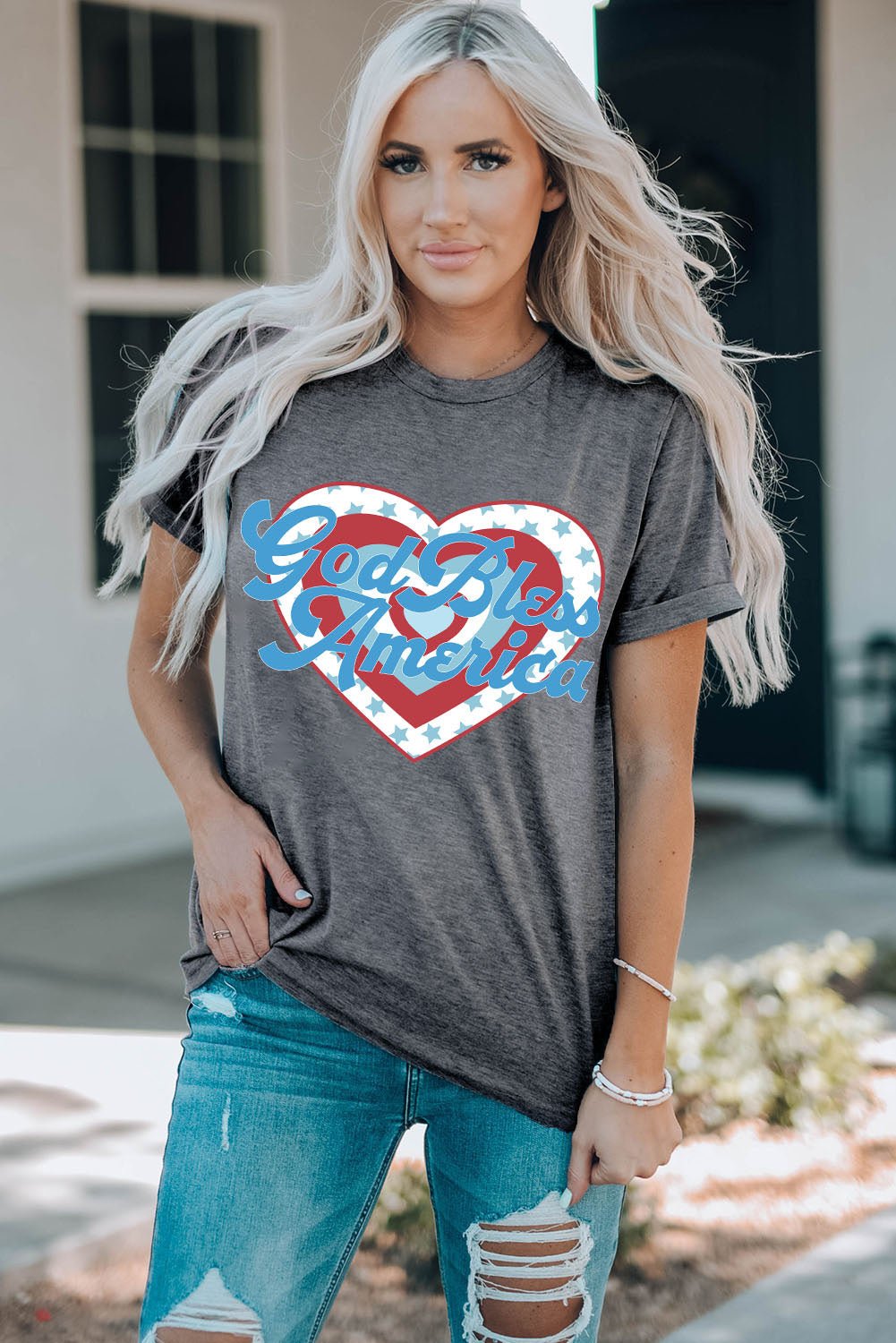 GOD BLESS AMERICA Heart Graphic T-Shirt - OMG! Rose