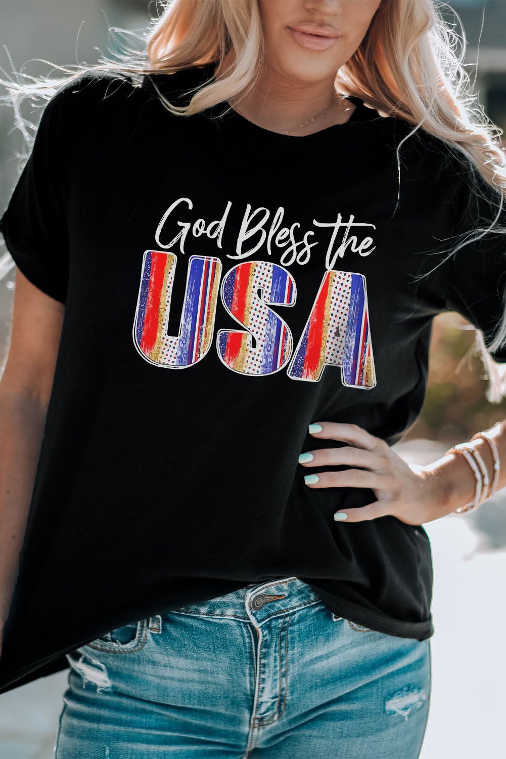 GOD BLESS THE USA Cuffed T-Shirt - OMG! Rose
