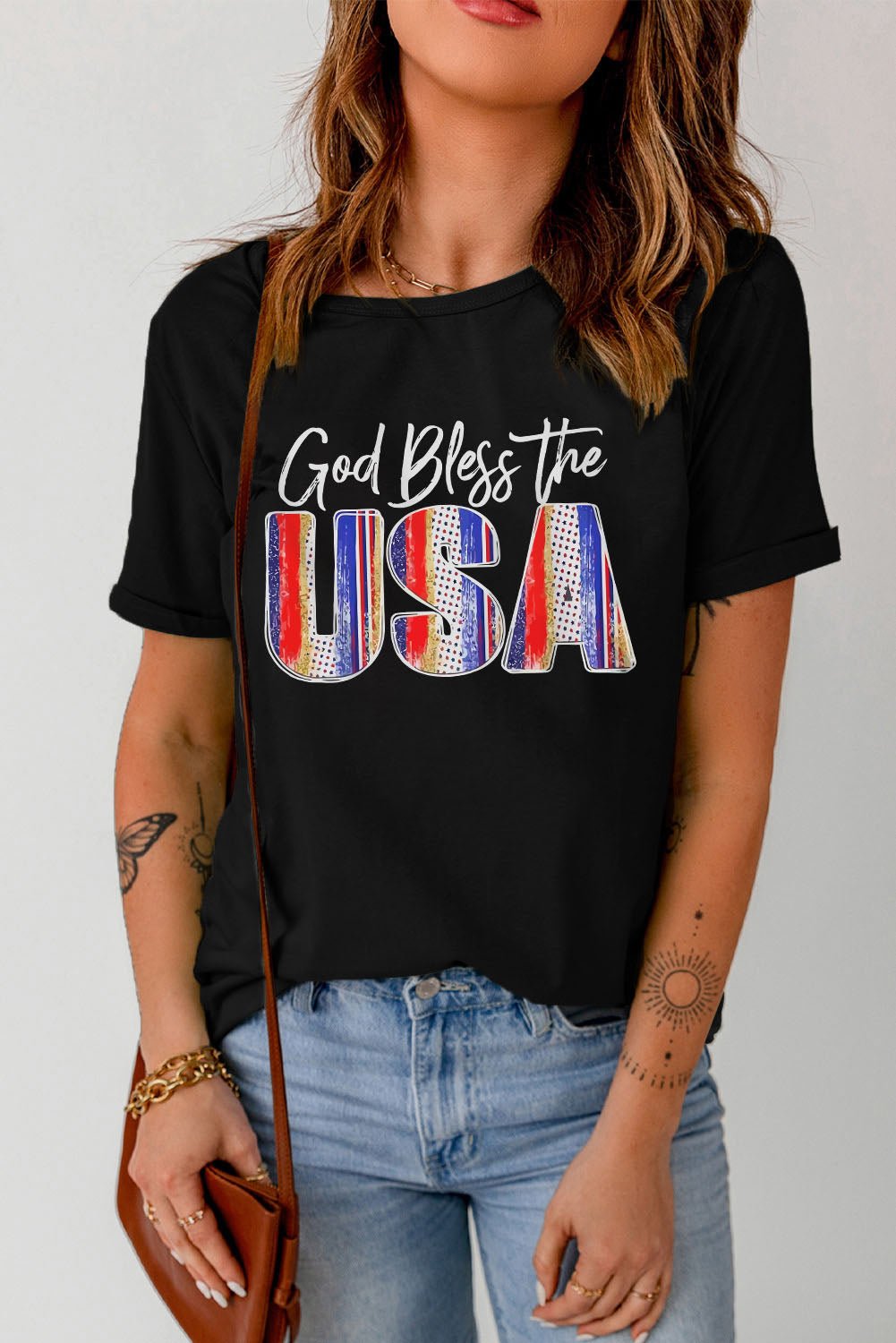 GOD BLESS THE USA Cuffed T-Shirt - OMG! Rose