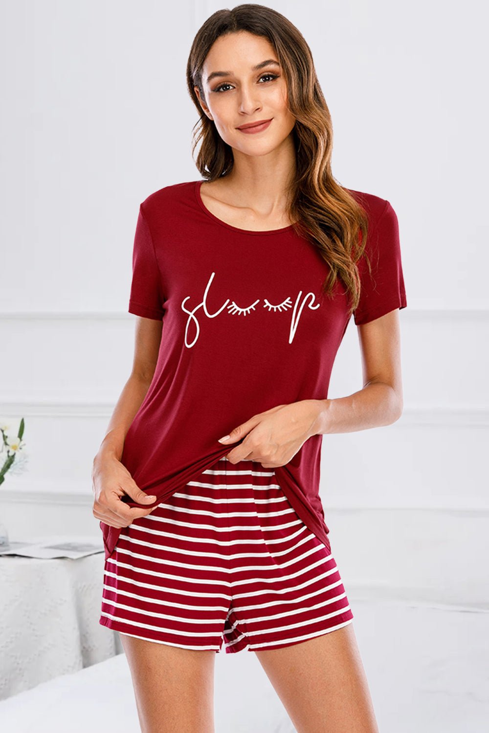 Graphic Round Neck Top and Striped Shorts Lounge Set - OMG! Rose