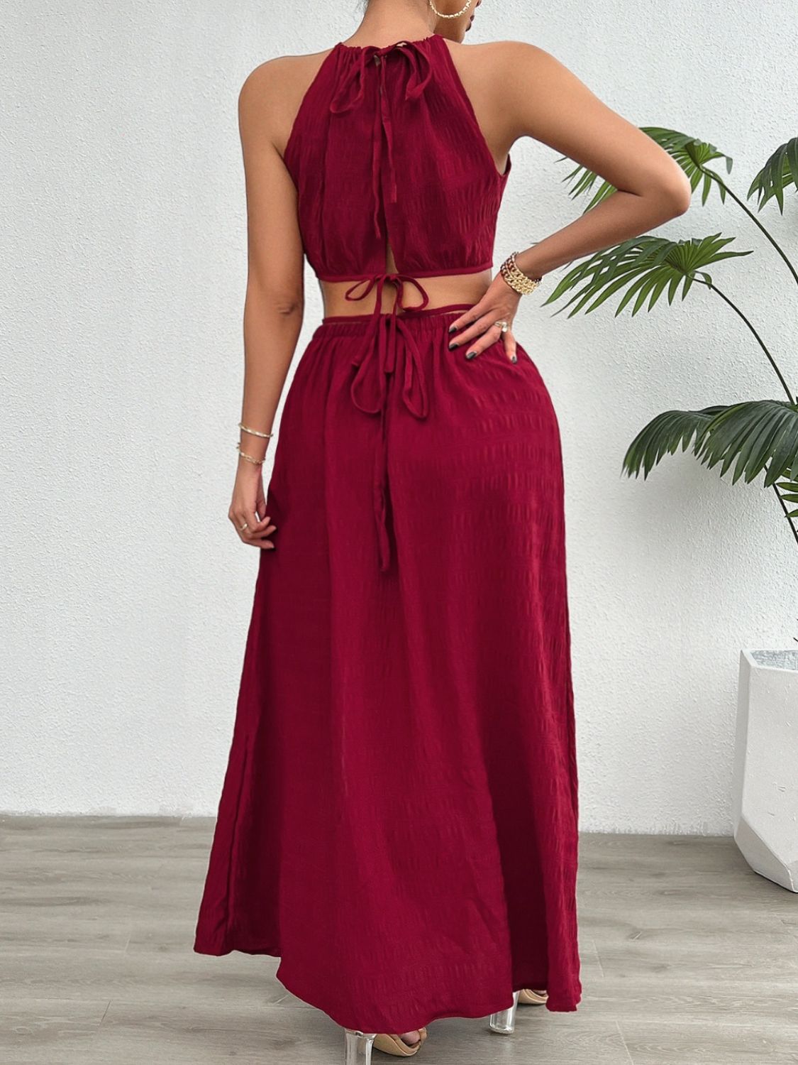 Grecian Neck Top and Slit Skirt Set - OMG! Rose