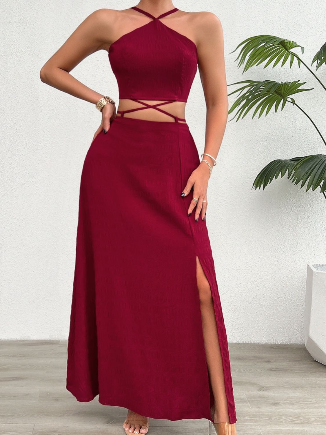 Grecian Neck Top and Slit Skirt Set - OMG! Rose