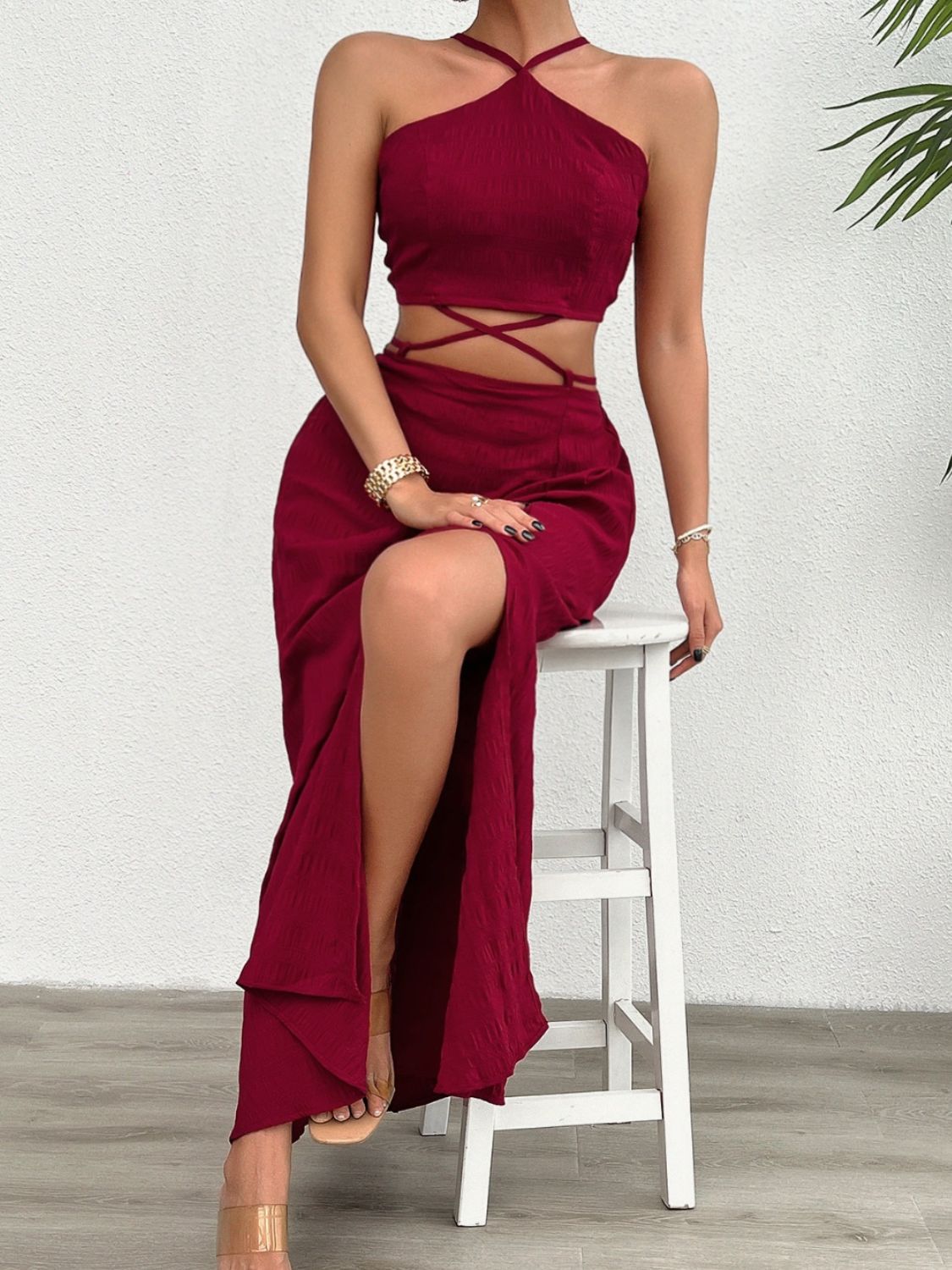 Grecian Neck Top and Slit Skirt Set - OMG! Rose