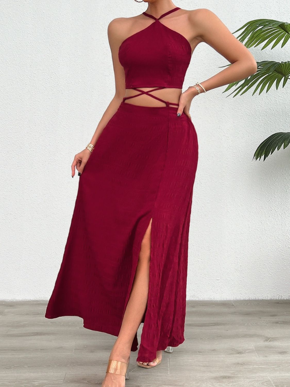 Grecian Neck Top and Slit Skirt Set - OMG! Rose