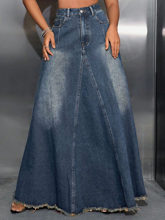 High Waist Denim Skirt with Pockets - OMG! Rose