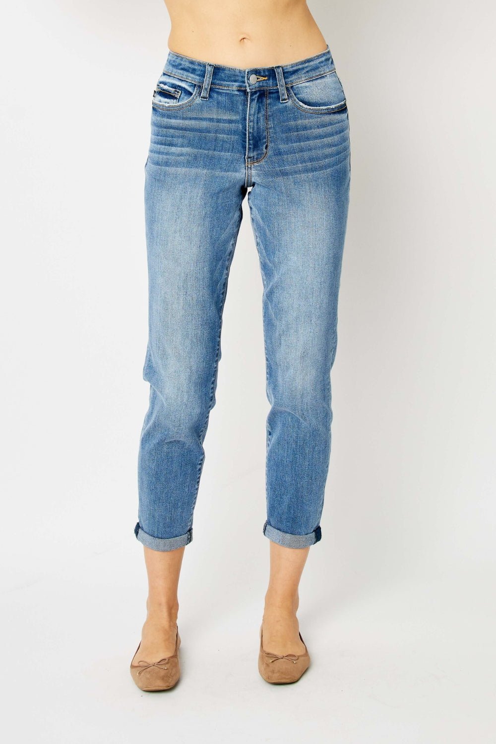 Judy Blue Full Size Cuffed Hem Low Waist Slim Jeans - OMG! Rose