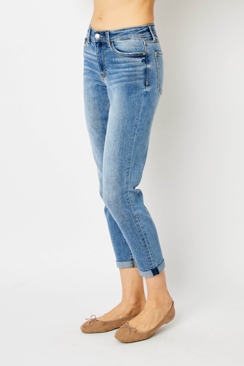 Judy Blue Full Size Cuffed Hem Low Waist Slim Jeans - OMG! Rose