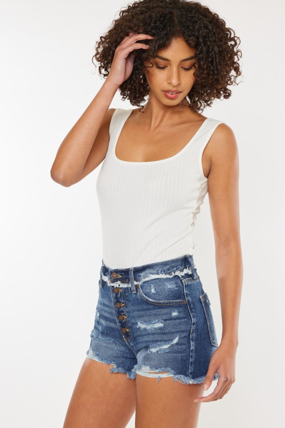 Kancan Distressed Button Fly Denim Shorts - OMG! Rose