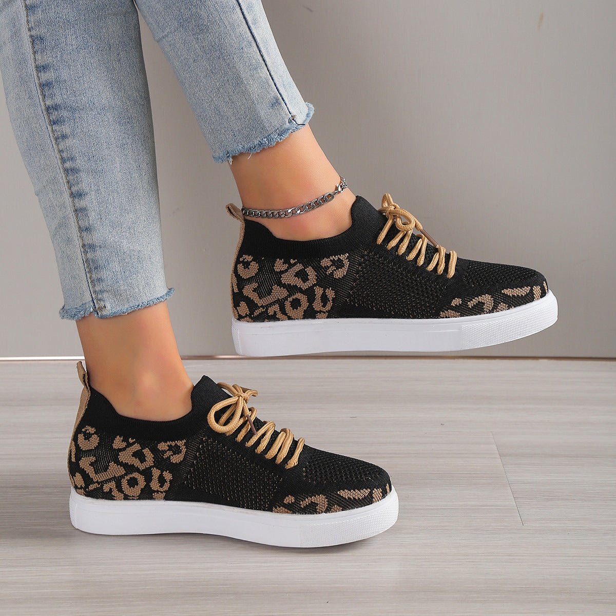 Lace - Up Leopard Flat Sneakers - OMG! Rose