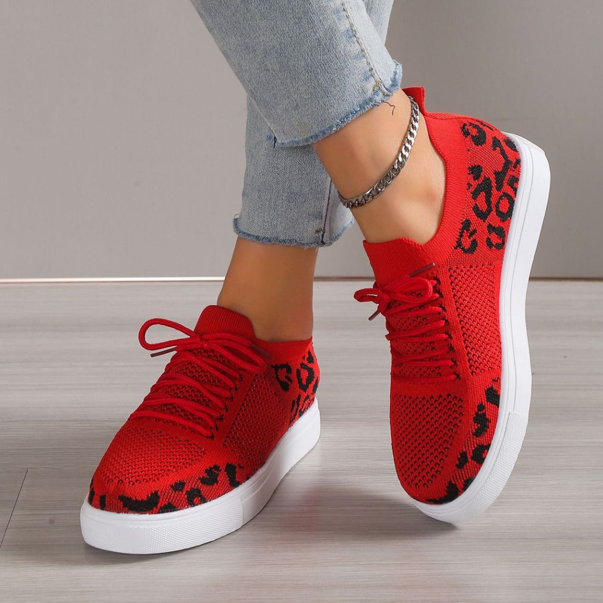 Lace - Up Leopard Flat Sneakers - OMG! Rose