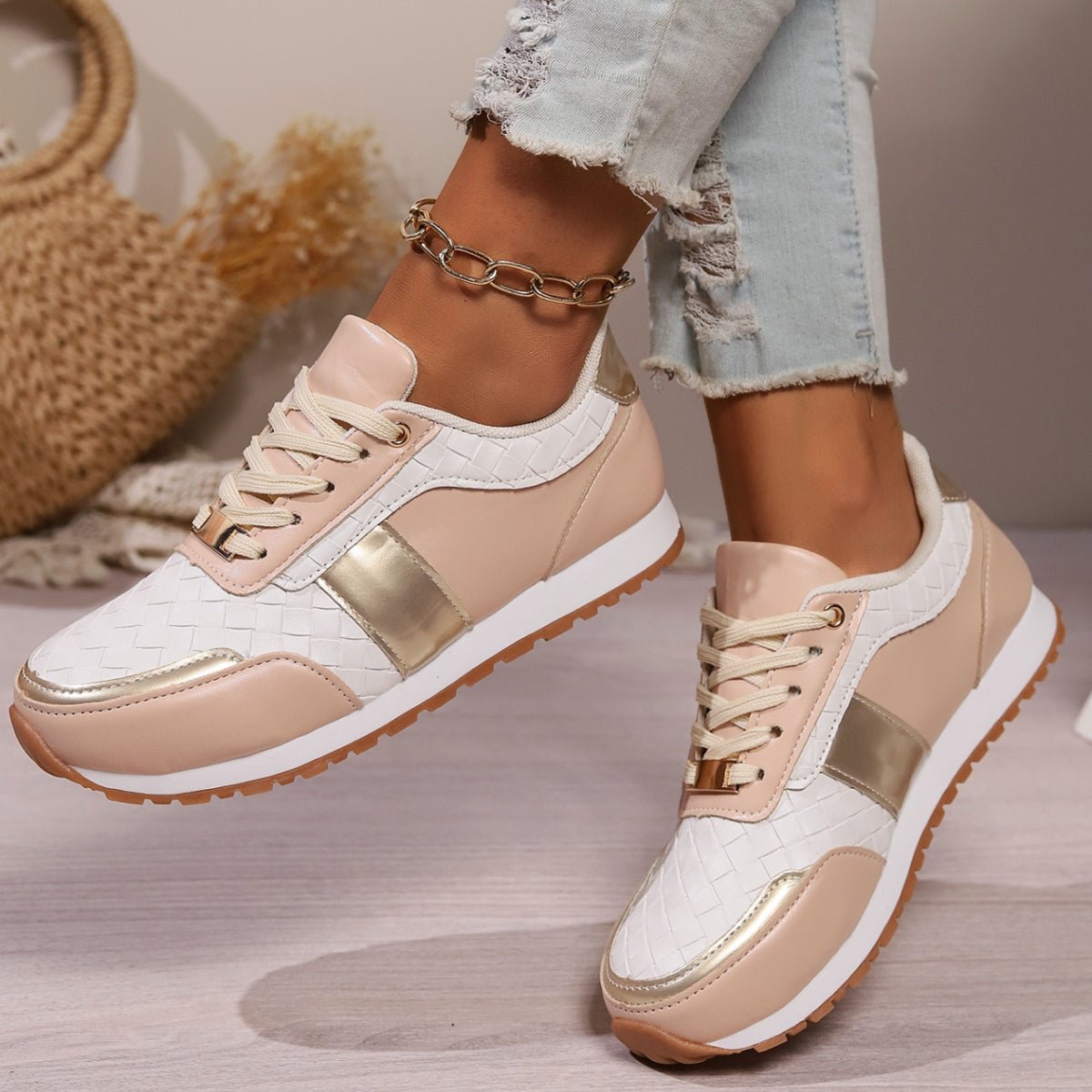 Lace - Up PU Leather Sneakers - OMG! Rose