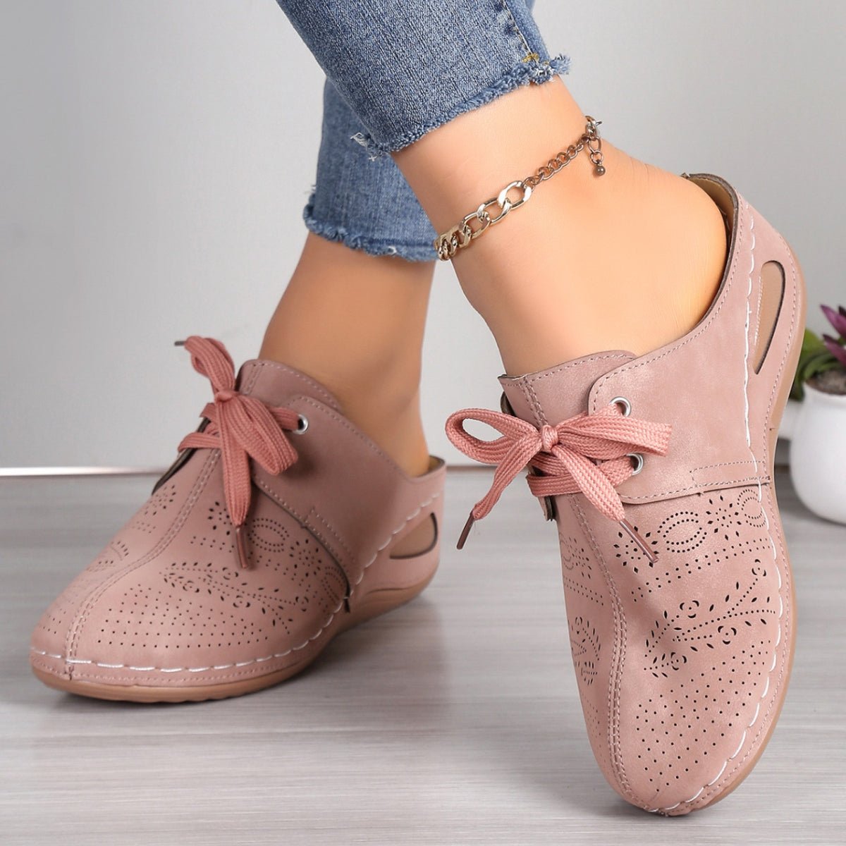 Lace - Up Round Toe Wedge Sandals - OMG! Rose