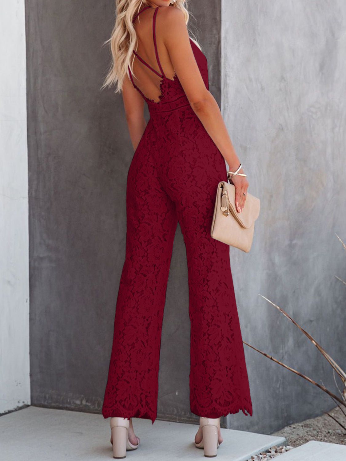 Lace V-Neck Spaghetti Strap Jumpsuit - OMG! Rose