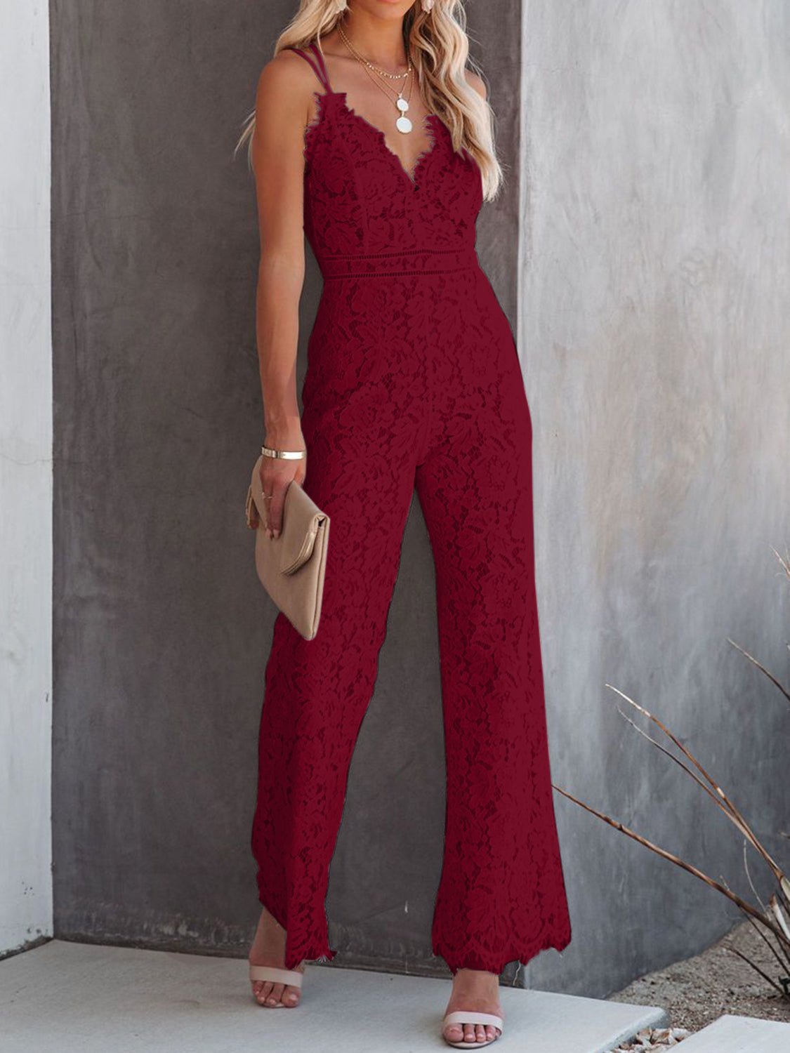 Lace V-Neck Spaghetti Strap Jumpsuit - OMG! Rose