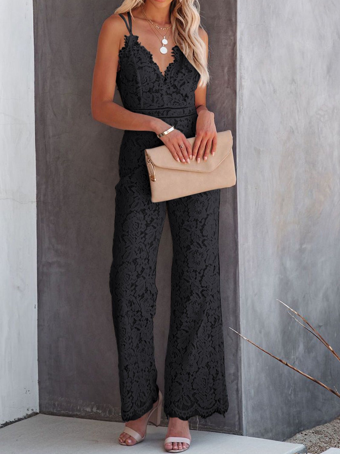 Lace V-Neck Spaghetti Strap Jumpsuit - OMG! Rose