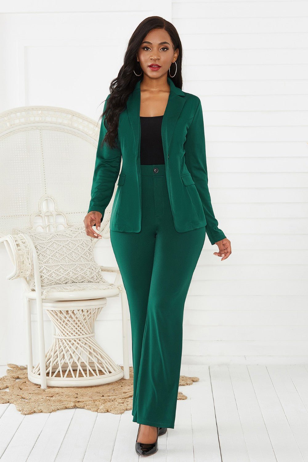 Lapel Collar Long Sleeve Blazer and Pants Set - OMG! Rose