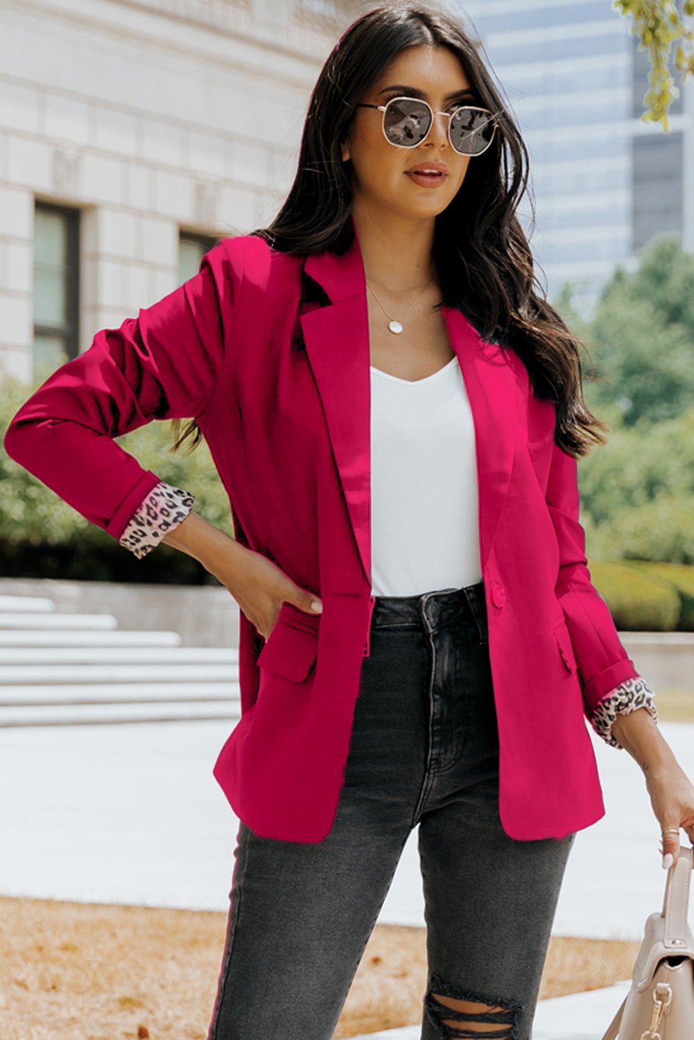 Leopard Lining One - Button Lapel Collar Blazer - OMG! Rose