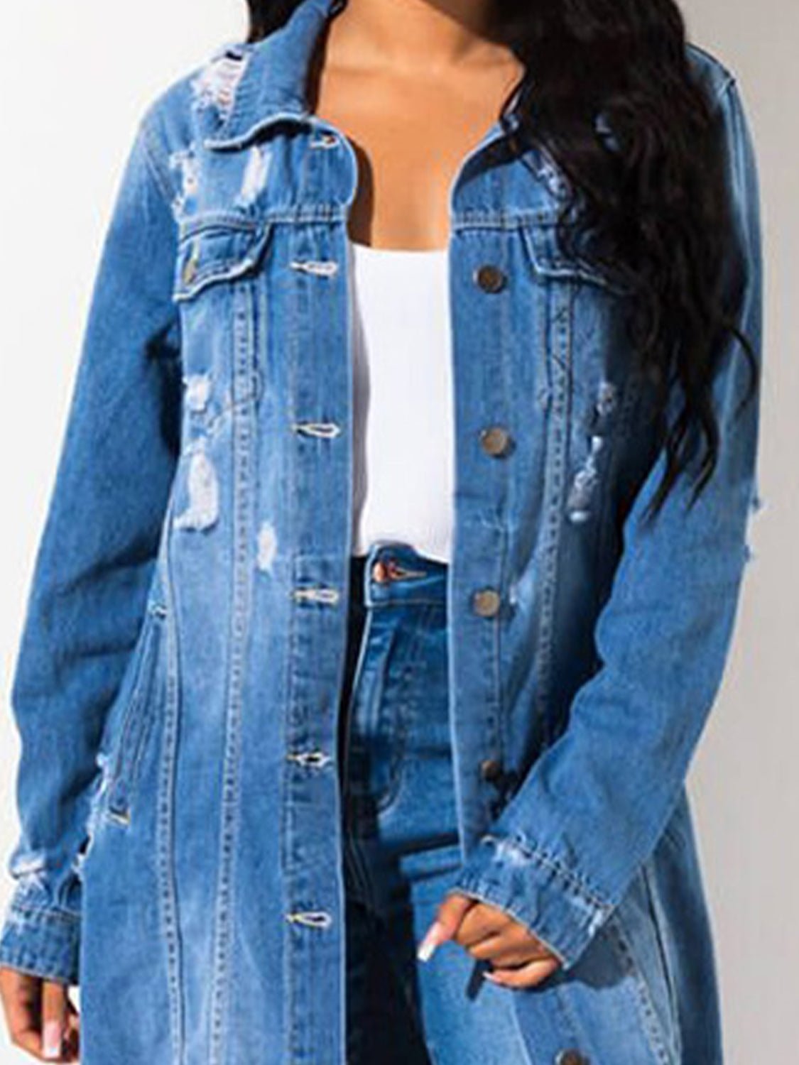 Long Sleeve Raw Hem Denim Jacket - OMG! Rose