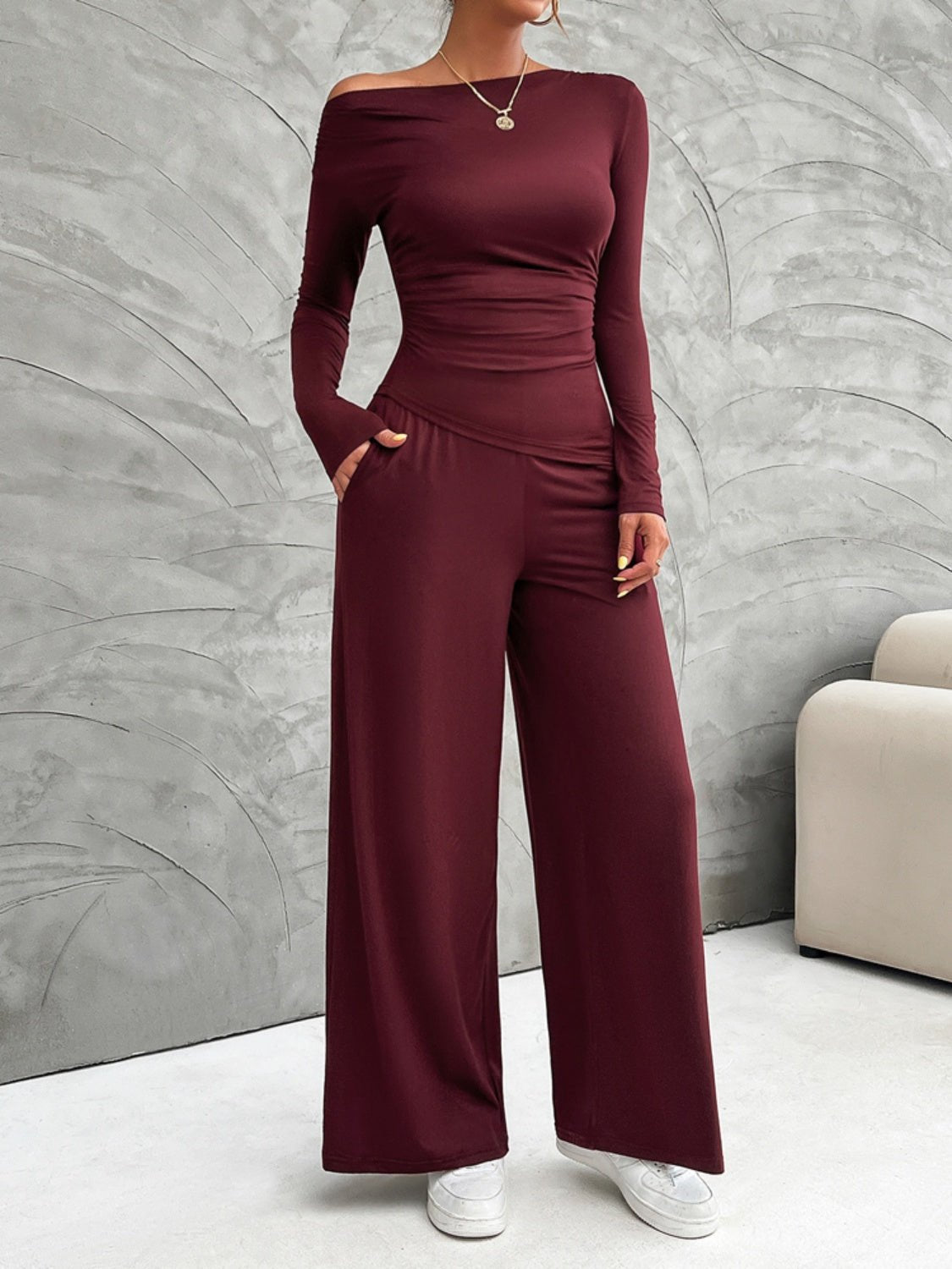 Long Sleeve Top and Wide Leg Pants Set - OMG! Rose