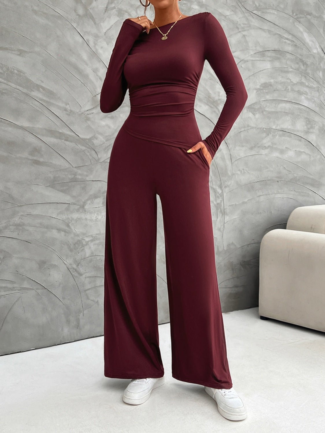 Long Sleeve Top and Wide Leg Pants Set - OMG! Rose