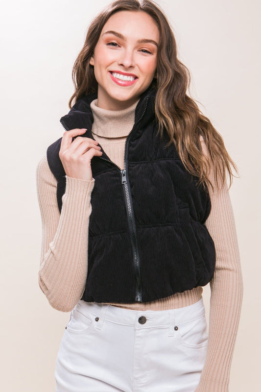 Love Tree Corduroy Zip Up Puffer Vest with Pockets - OMG! Rose