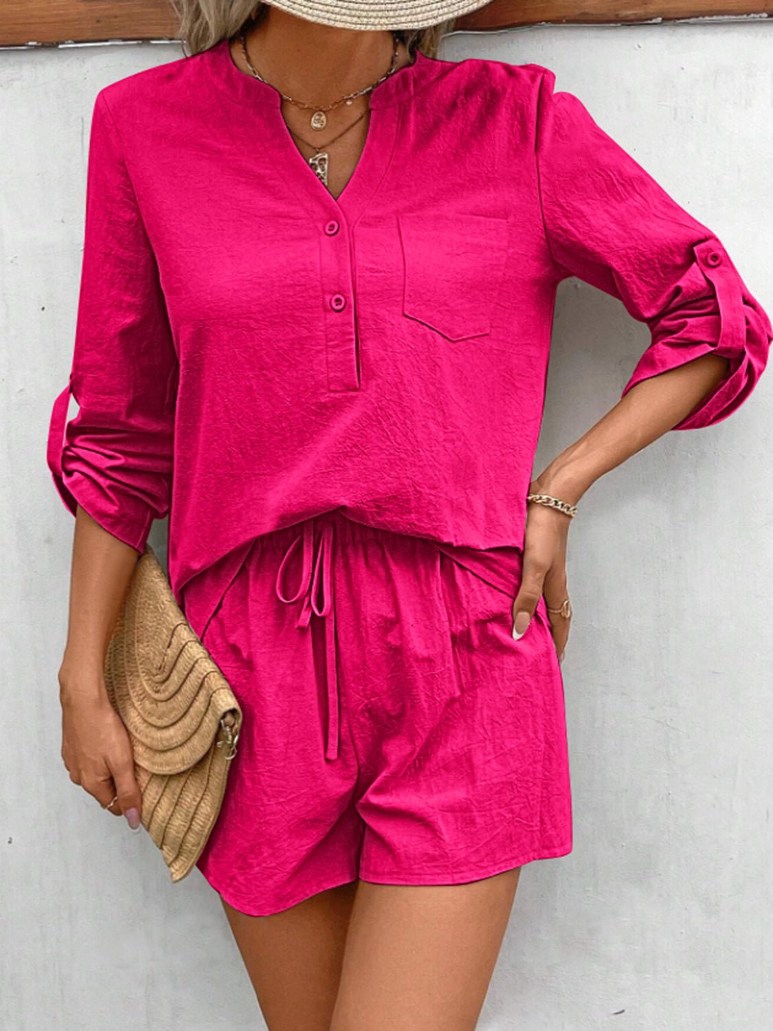 Notched Long Sleeve Top and Shorts Set - OMG! Rose