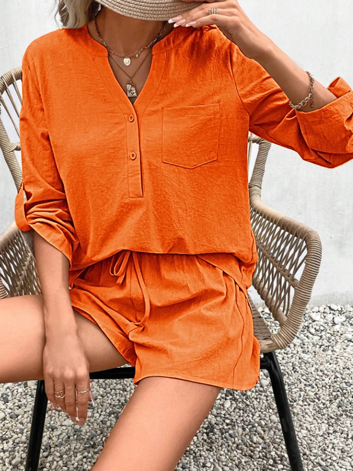 Notched Long Sleeve Top and Shorts Set - OMG! Rose