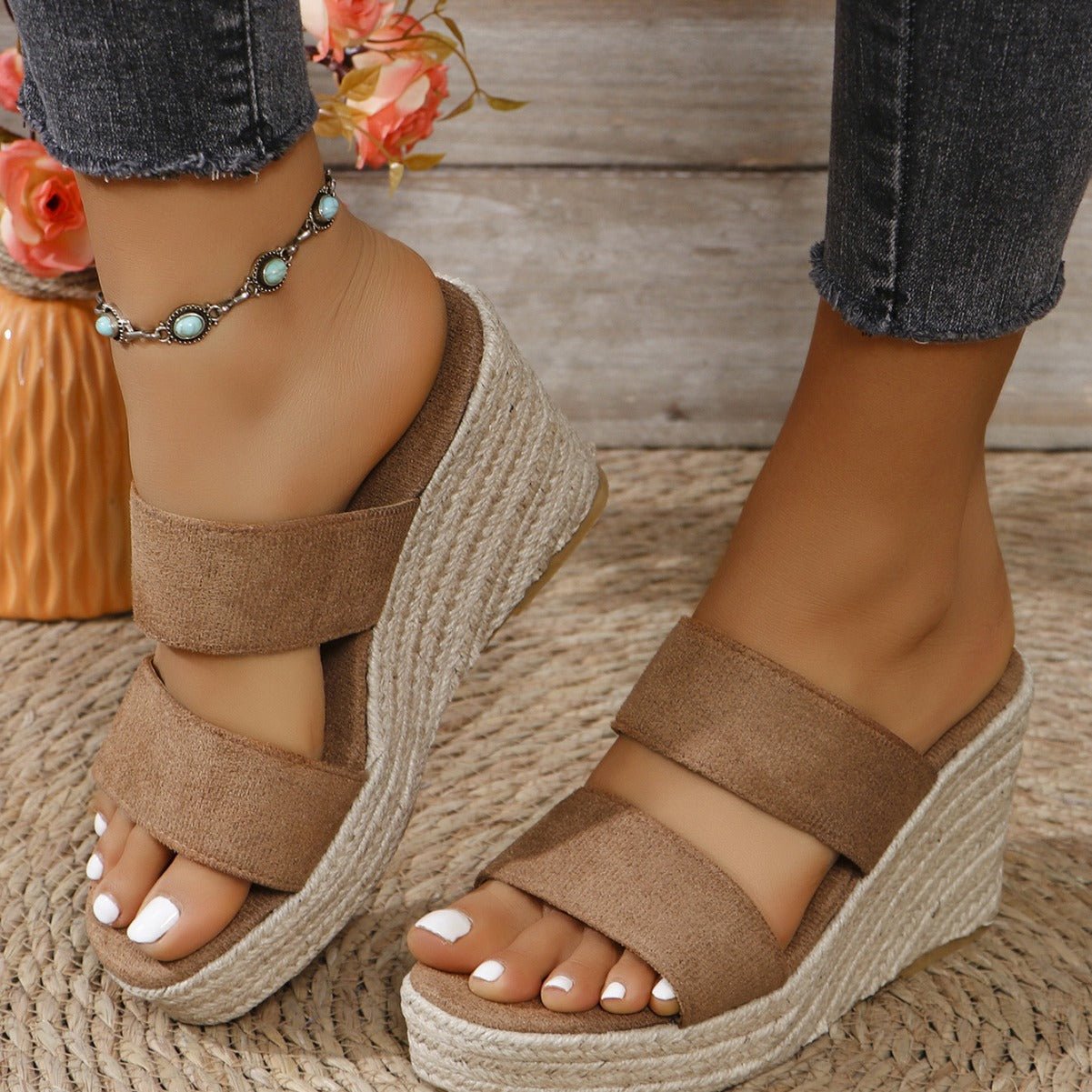 Open Toe Wedge Sandals - OMG! Rose