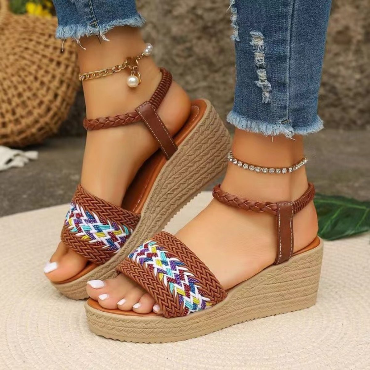 Open Toe Wedge Woven Sandals - OMG! Rose