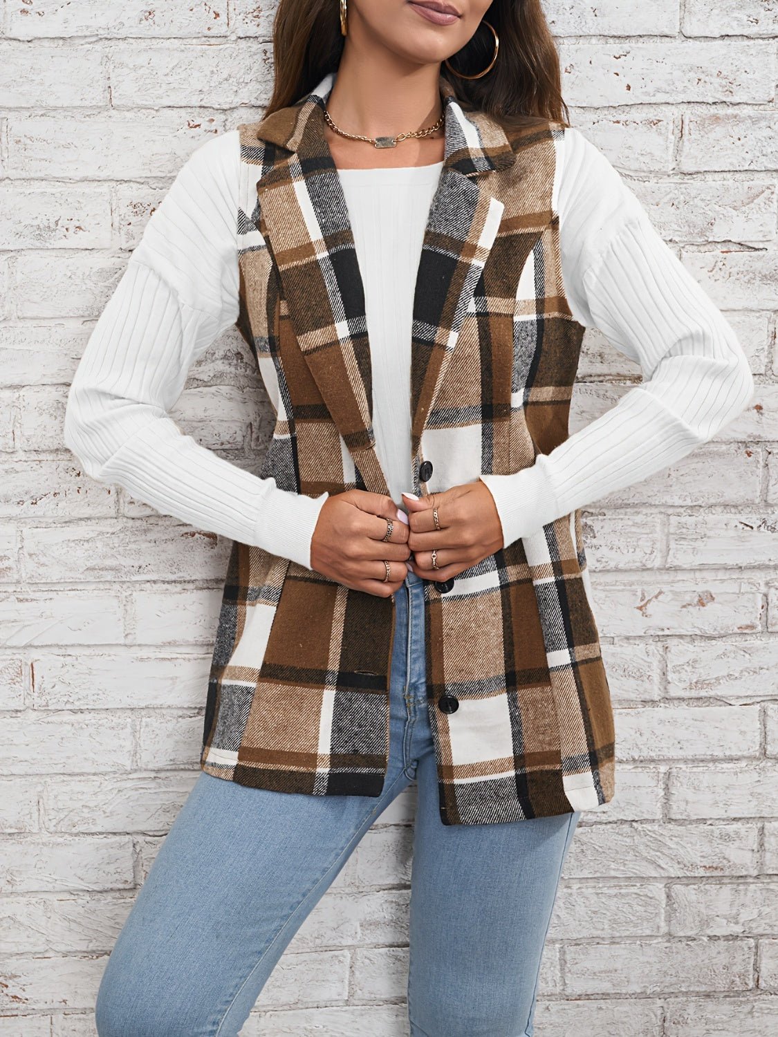 Plaid Button Down Vest Coat - OMG! Rose