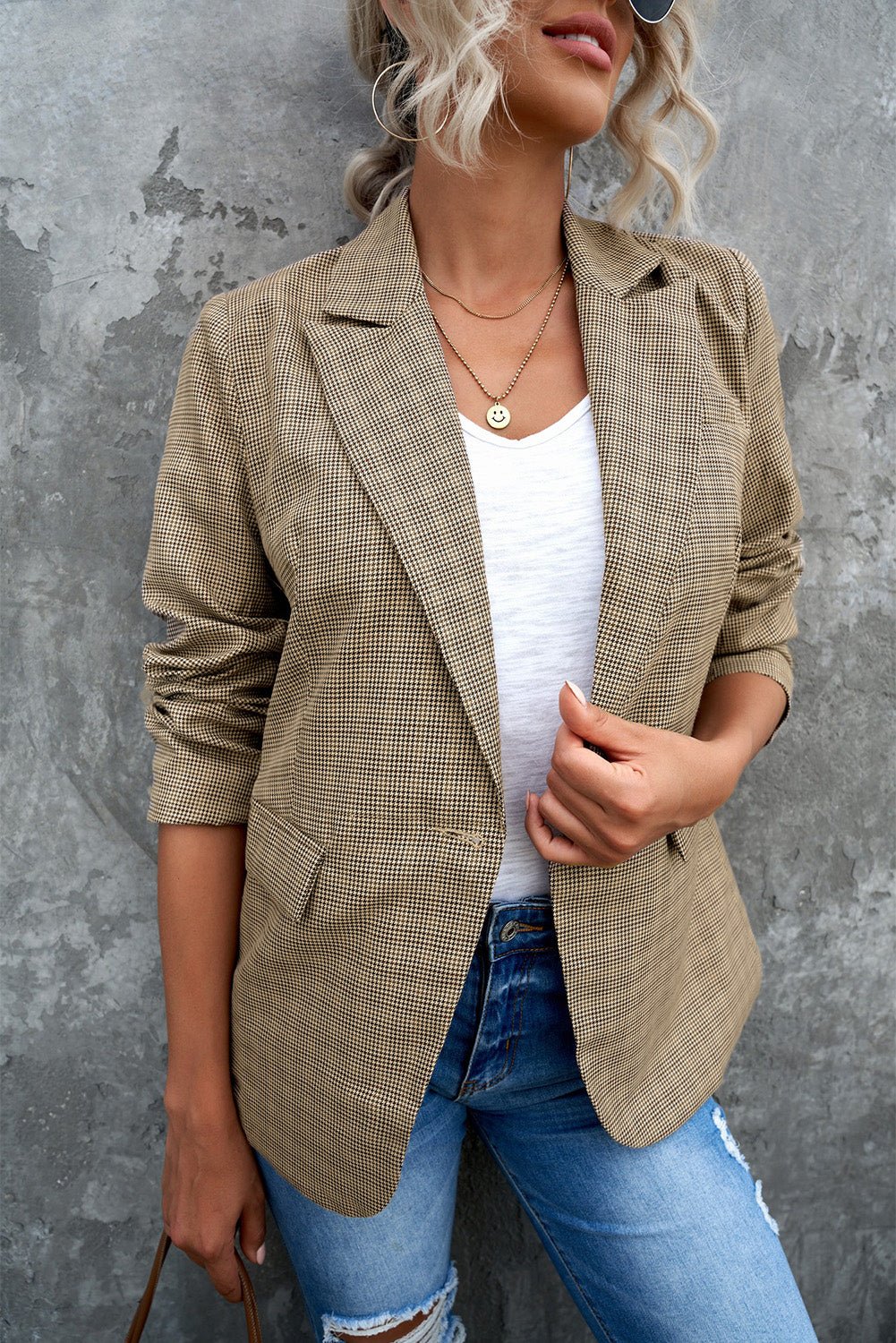 Plaid Lapel Collar Button Cuff Blazer - OMG! Rose