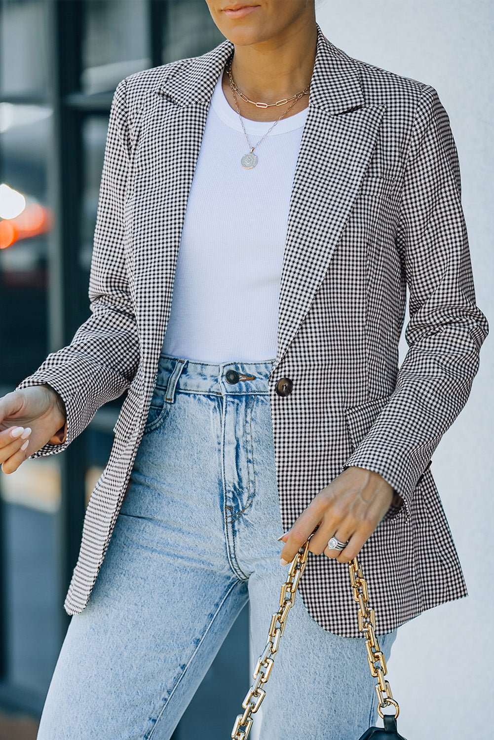 Plaid Lapel Collar Button Cuff Blazer - OMG! Rose