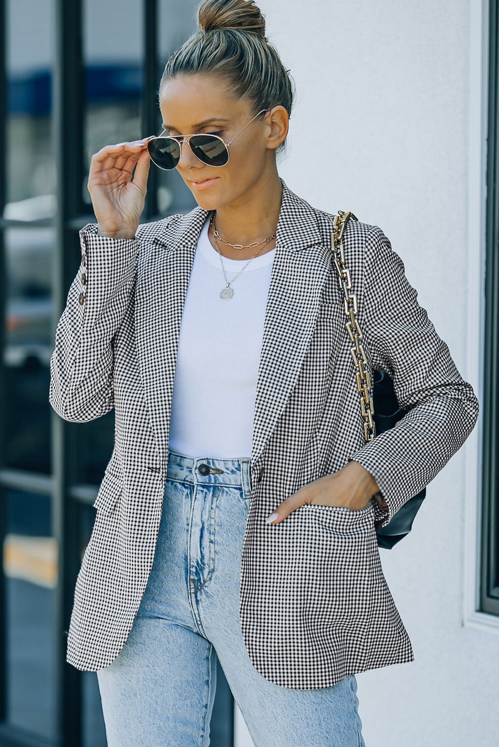 Plaid Lapel Collar Button Cuff Blazer - OMG! Rose