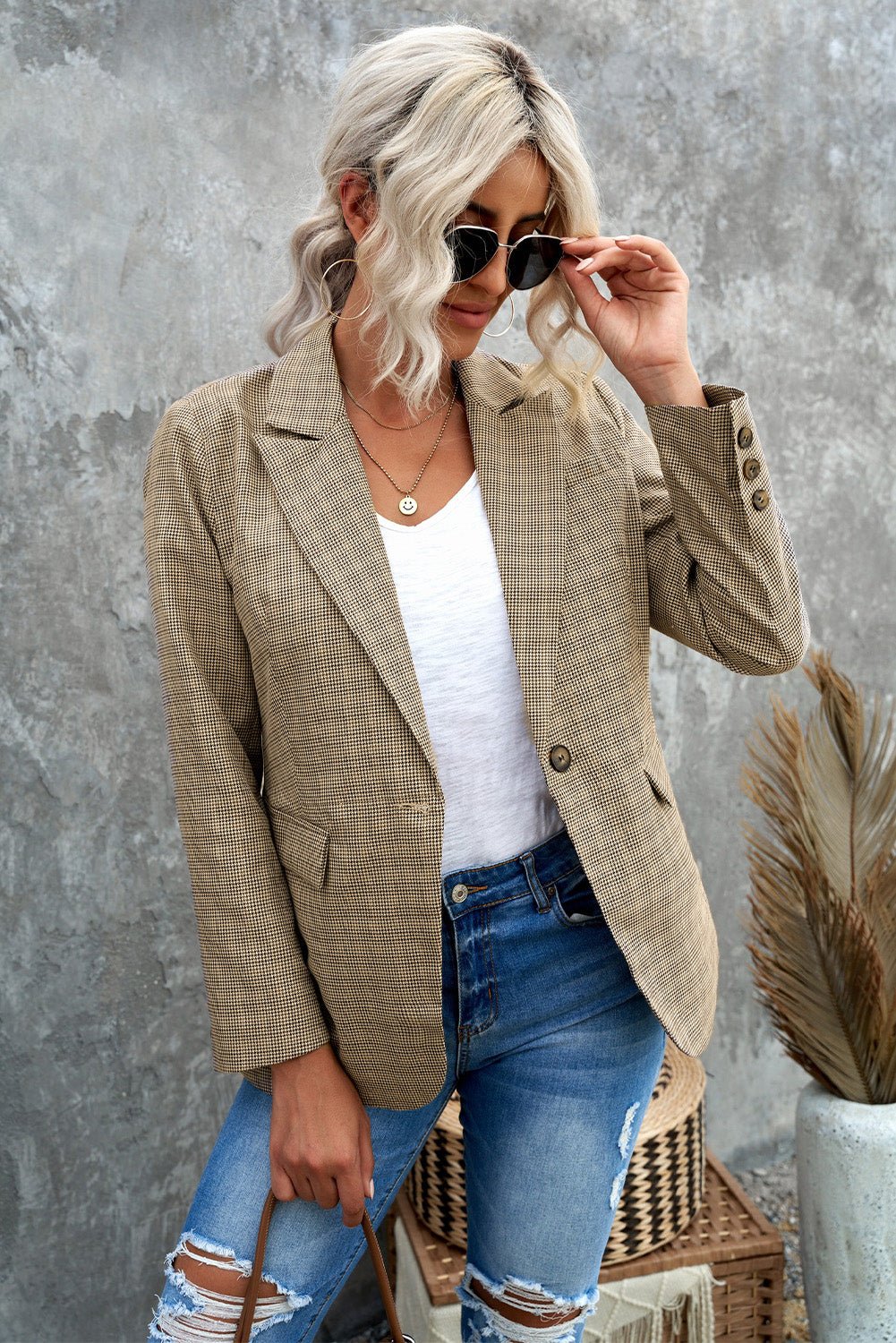 Plaid Lapel Collar Button Cuff Blazer - OMG! Rose