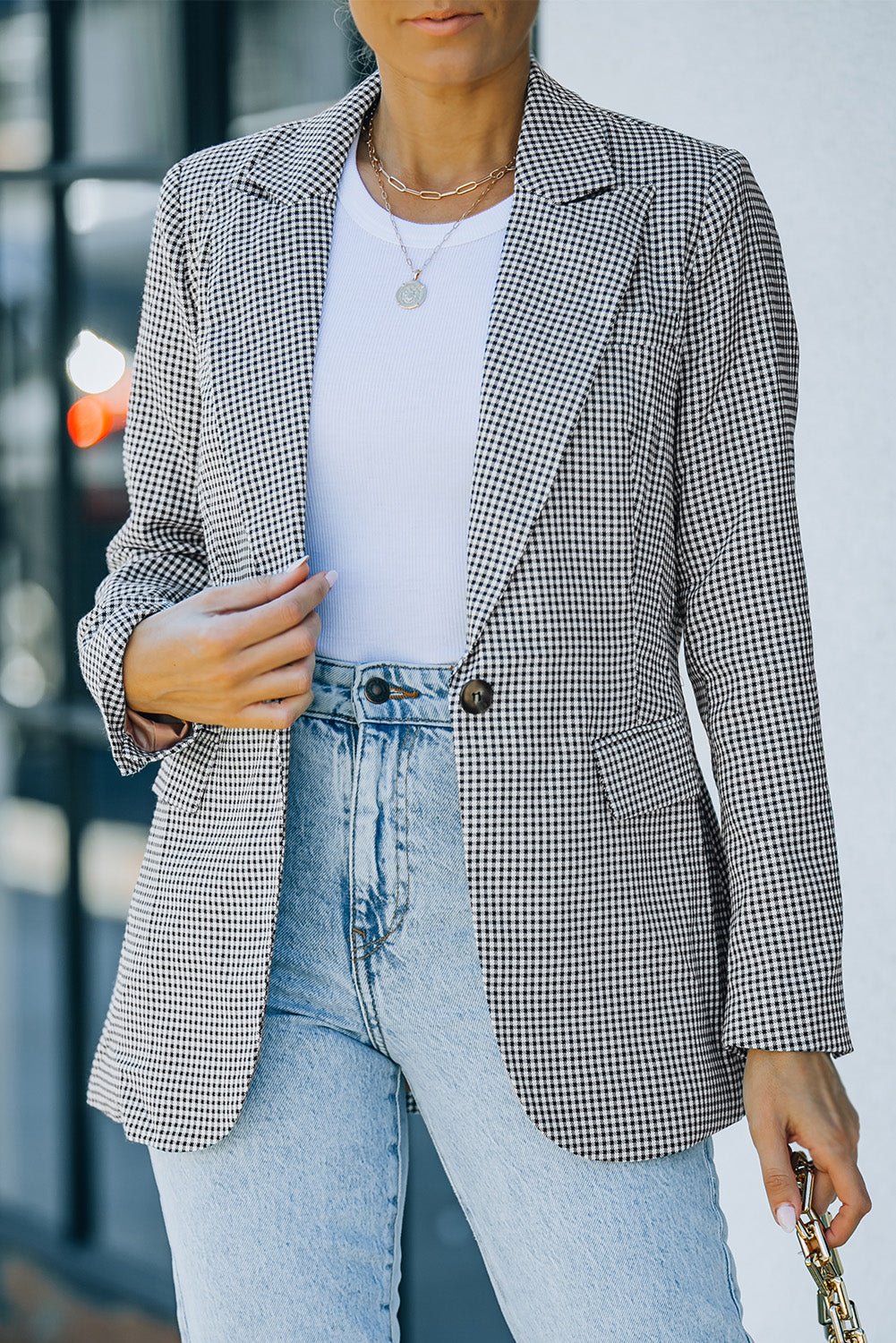 Plaid Lapel Collar Button Cuff Blazer - OMG! Rose