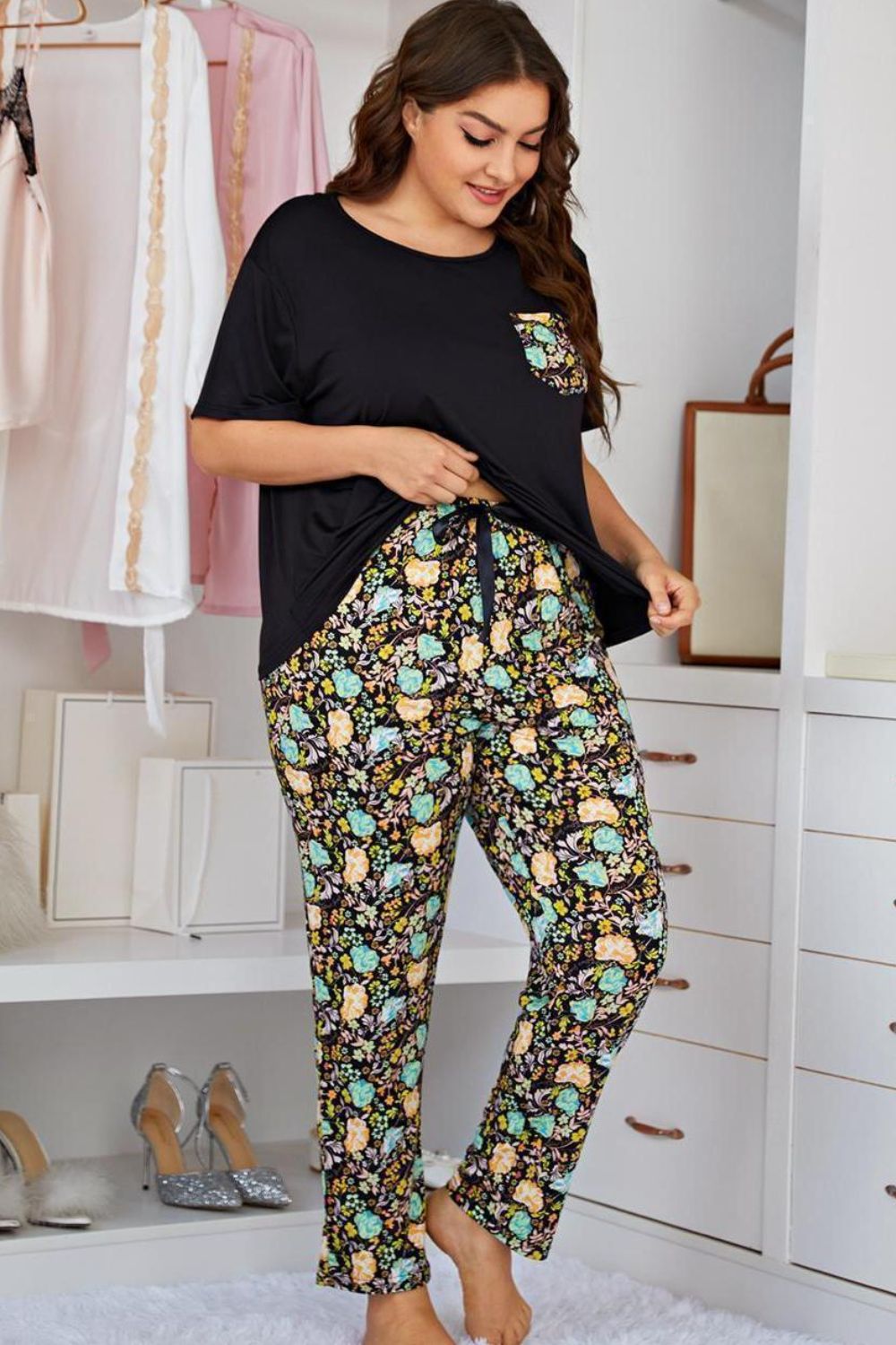 Plus Size Contrast Round Neck Tee and Floral Pants Lounge Set - OMG! Rose