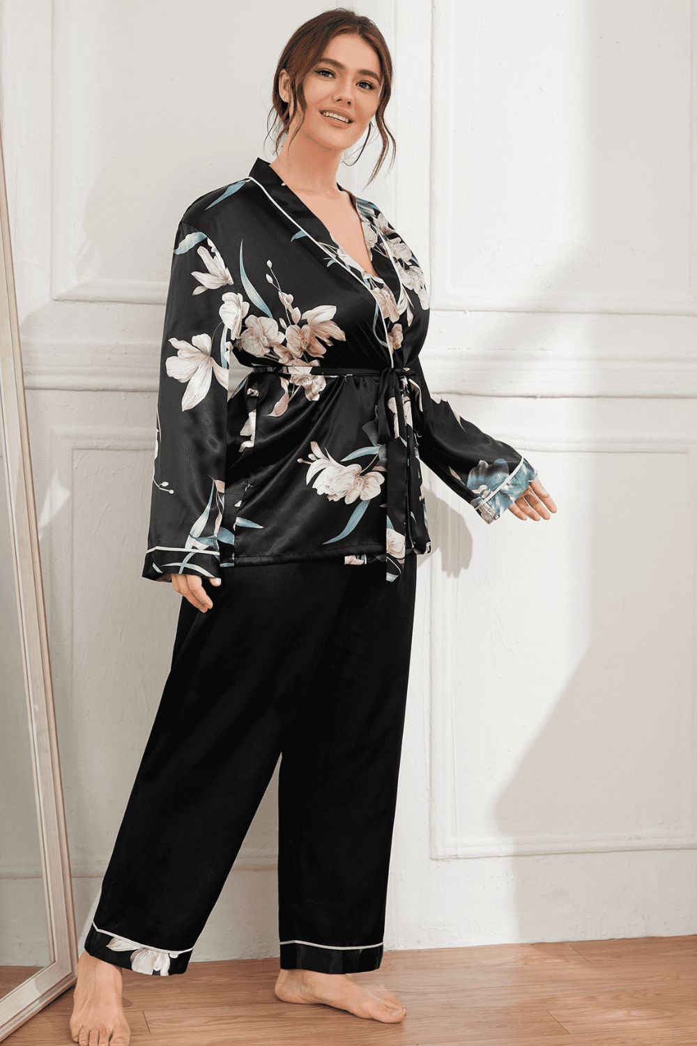 Plus Size Floral Belted Robe and Pants Pajama Set - OMG! Rose