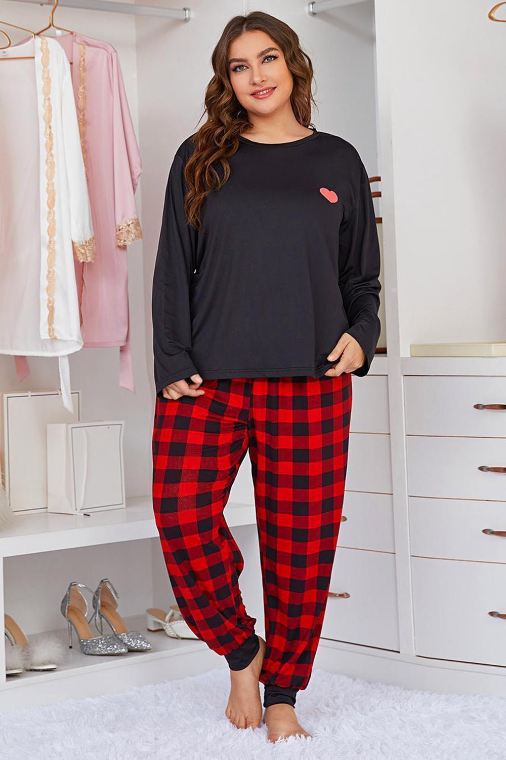 Plus Size Heart Graphic Top and Plaid Joggers Lounge Set - OMG! Rose