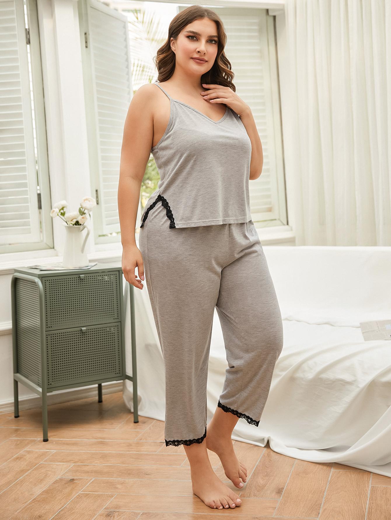 Plus Size Lace Trim Slit Cami and Pants Pajama Set - OMG! Rose