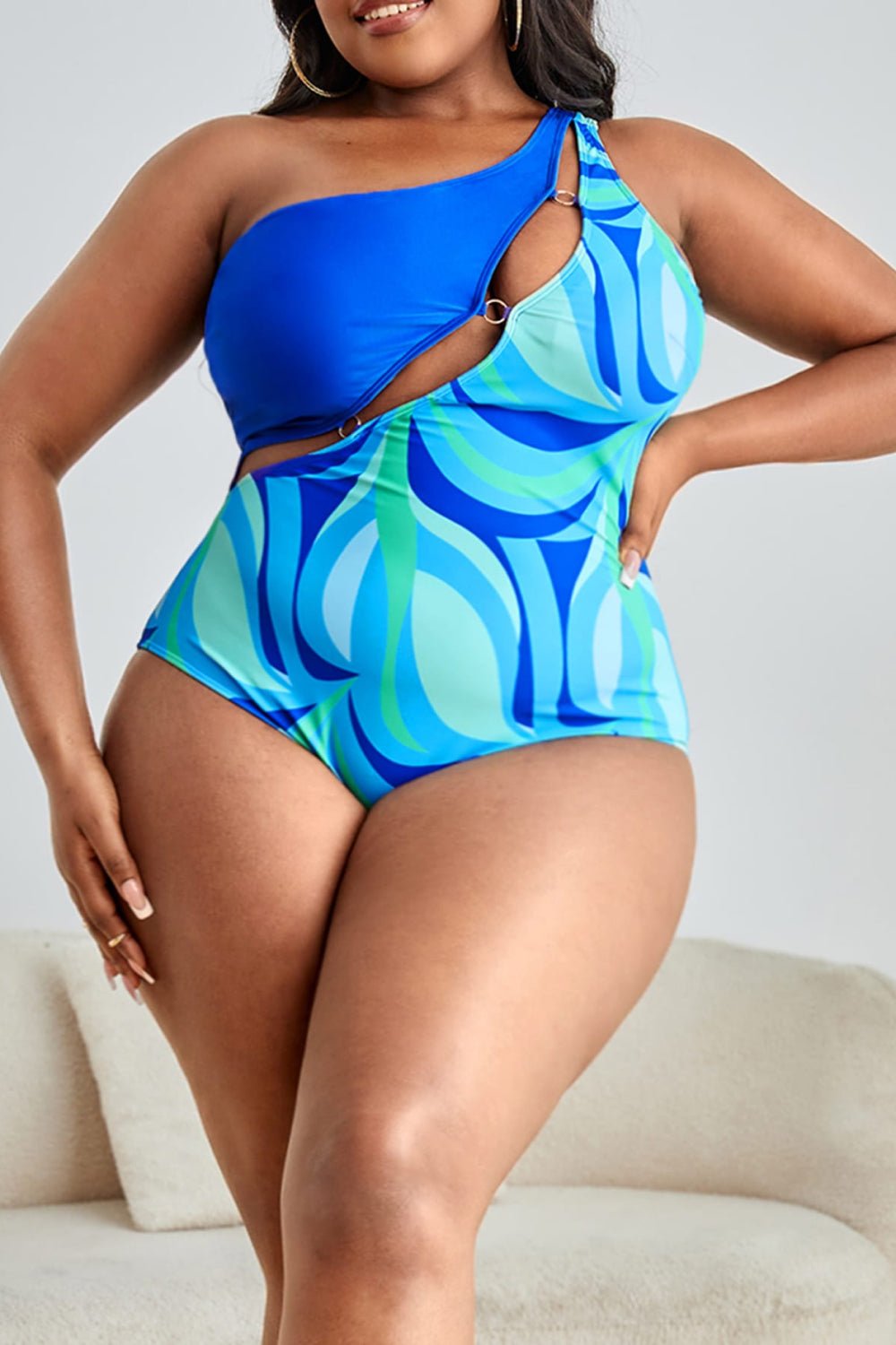 Plus Size Printed Ring Detail One-Shoulder One-Piece Swimsuit - OMG! Rose
