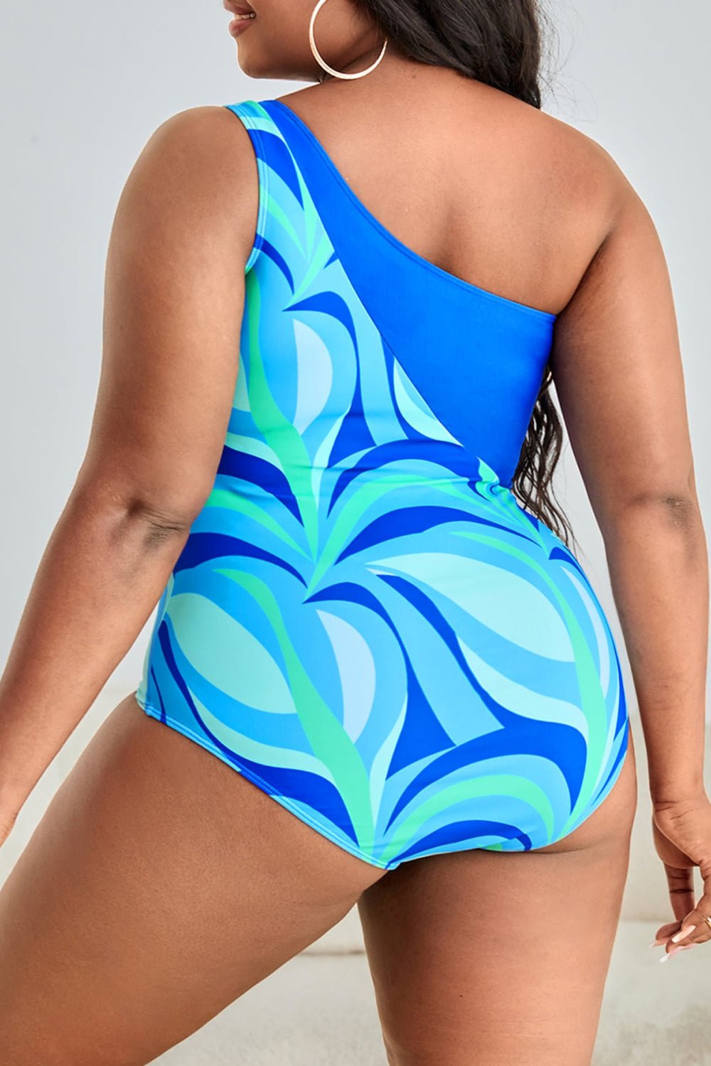 Plus Size Printed Ring Detail One-Shoulder One-Piece Swimsuit - OMG! Rose